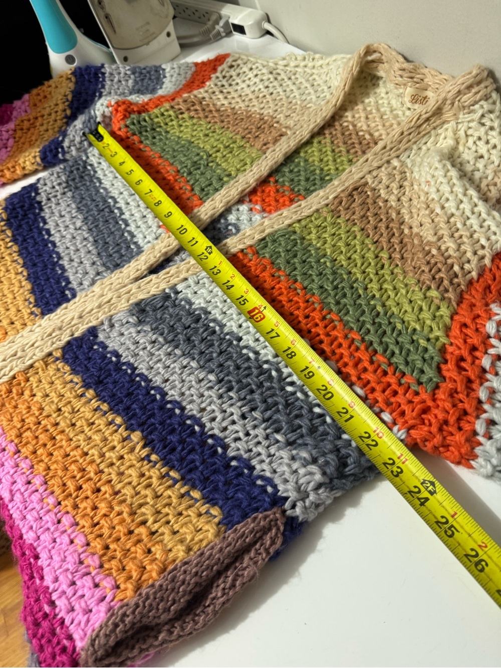 Listicle crochet, retro whimsy Cream Open-Knit Cardigan with Multicolor Stripes - Picture 2 of 4